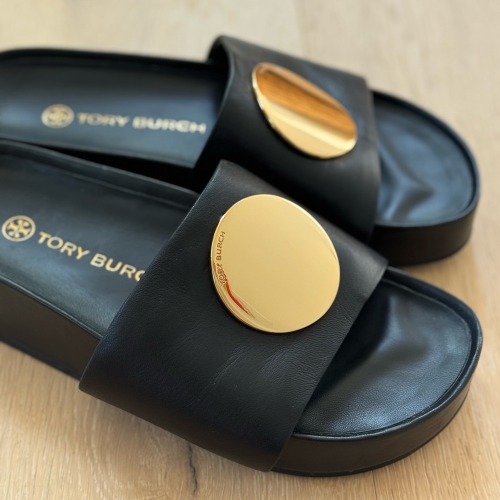 Tory Burch Black Patos Sandals with Gold Accent